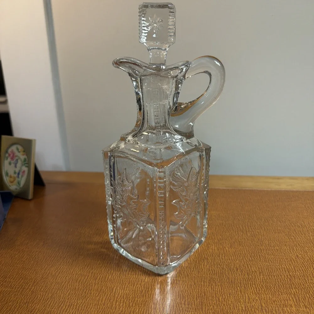 Antique EAPG Flint Glass Square Maple Leaf Decanter Pitcher Bottle Stopper 9.5